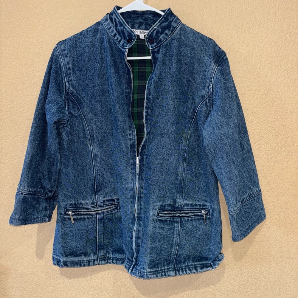 Women’s NorthStyle Blue Denim Jacket with Green Plaid